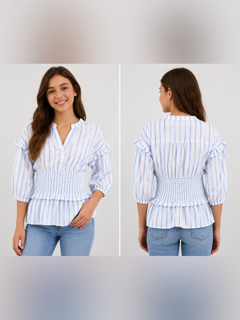 Central Park West Blue White Striped Smocked Waist Blouse Medium